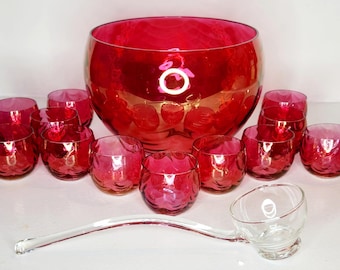 Cranberry Glass Punch Bowl with Twelve Glasses and Glass Serving Ladle