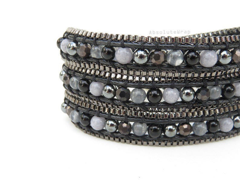 hematite black chain trim crystal Black triple wrap bracelet with stone beaded wrap bracelet on soft polyester cord
