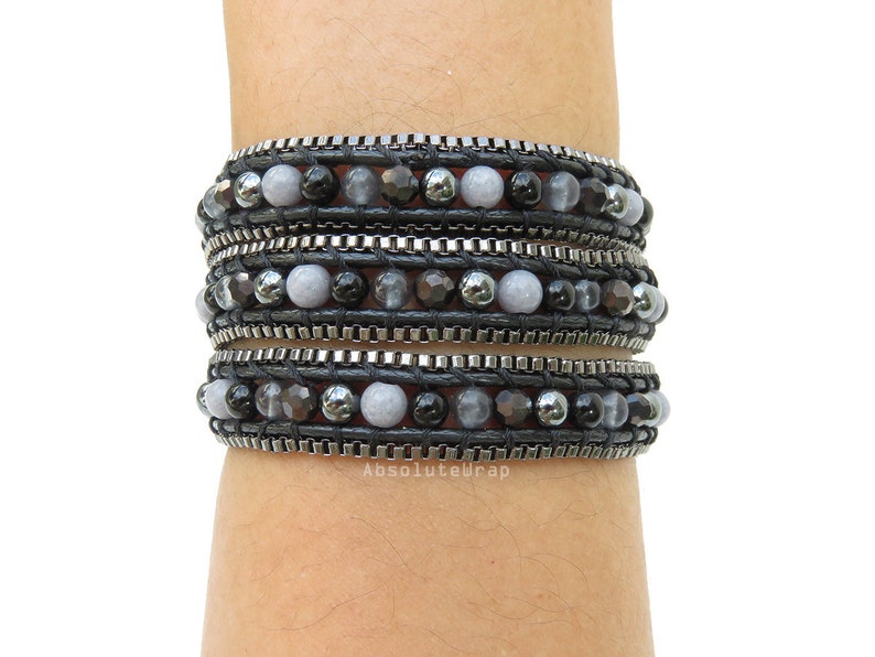 hematite black chain trim crystal Black triple wrap bracelet with stone beaded wrap bracelet on soft polyester cord