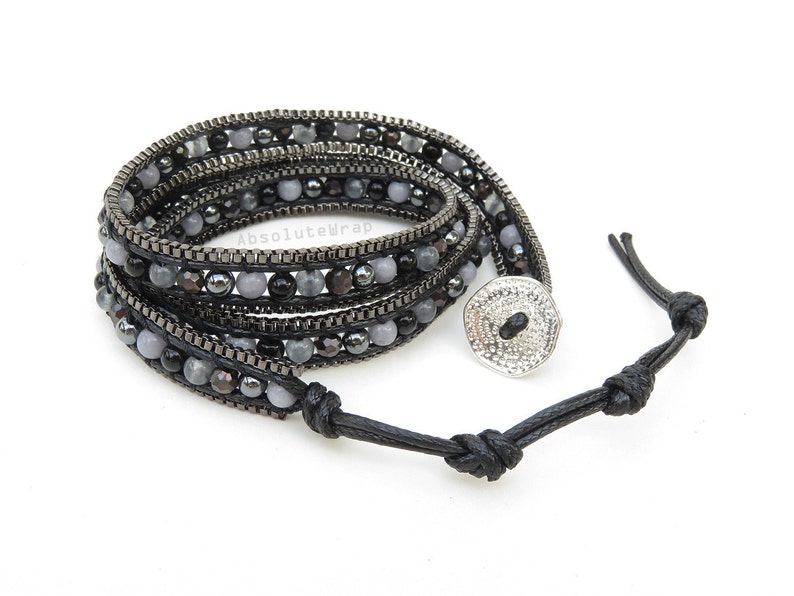 hematite black chain trim crystal Black triple wrap bracelet with stone beaded wrap bracelet on soft polyester cord