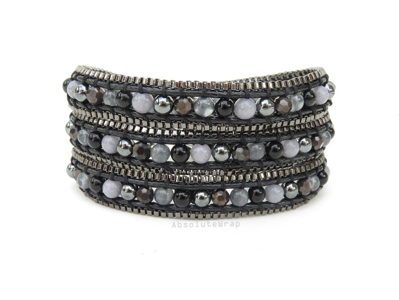 hematite black chain trim crystal Black triple wrap bracelet with stone beaded wrap bracelet on soft polyester cord