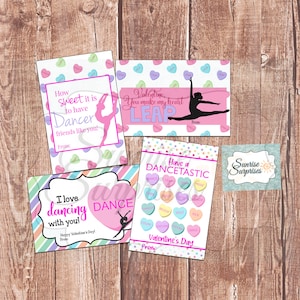 May include: Four printable Valentine's Day cards featuring a dancer silhouette and candy hearts. The cards say "How sweet it is to have Dancer friends like you!" "Valentine, you make my heart LEAP!" "I love dancing with you!" and "Have a DANCETASTIC Valentine's Day!"