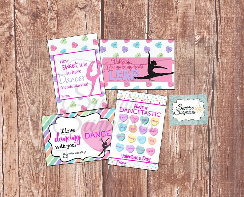 May include: Four printable Valentine's Day cards featuring a dancer silhouette and candy hearts. The cards say "How sweet it is to have Dancer friends like you!" "Valentine, you make my heart LEAP!" "I love dancing with you!" and "Have a DANCETASTIC Valentine's Day!"