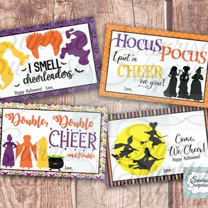 May include: Four printable Halloween cards featuring the Sanderson sisters from Hocus Pocus. The cards have a variety of designs, including a cauldron, a moon, and the sisters flying on broomsticks. The text on the cards includes "I smell cheerleaders", "Double, Double Cheer", "Hocus Pocus I put a cheer on you", and "Come, We Cheer!"