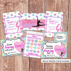 May include: Printable Valentine's Day cards for dancers. The cards feature a pink heart with the word "DANCE" and a silhouette of a dancer. The cards have a rainbow striped border and say "I love dancing with you!" and "Teacher, you make dancing fun!"