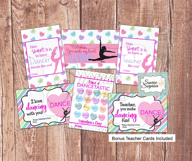 May include: Printable Valentine's Day cards for dancers. The cards feature a pink heart with the word "DANCE" and a silhouette of a dancer. The cards have a rainbow striped border and say "I love dancing with you!" and "Teacher, you make dancing fun!"