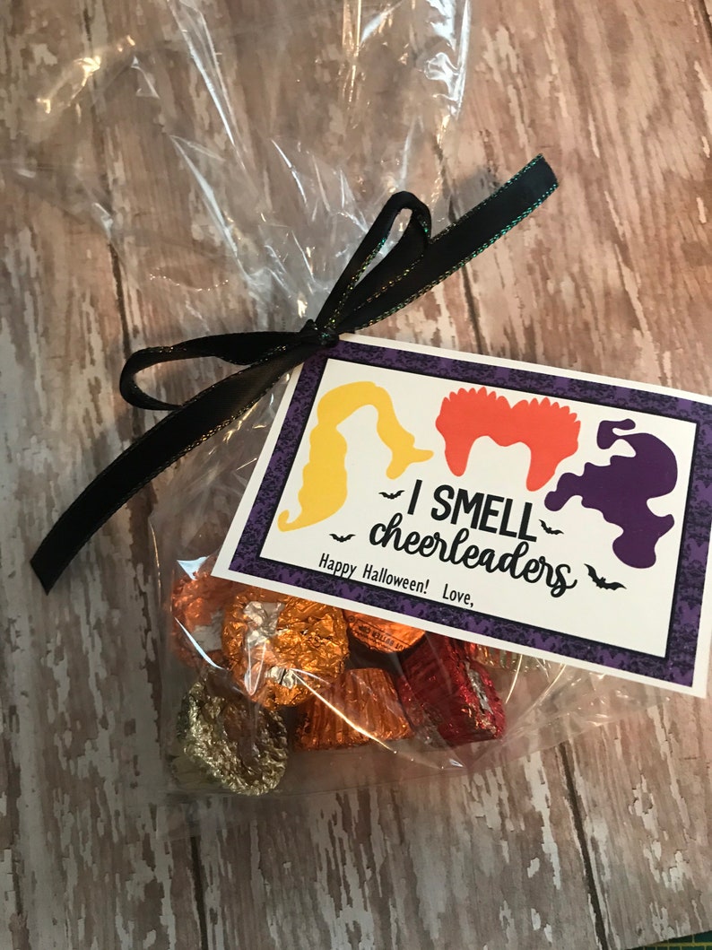May include: A purple and white Halloween gift bag with a tag that says "I smell cheerleaders" and a black ribbon. The bag contains chocolate candies.