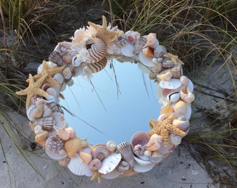 Gorgeous Artist Handcrafted Coastal Seashell Mirror Featuring Tiger Nautilus Birds Nest Coral and Starfish