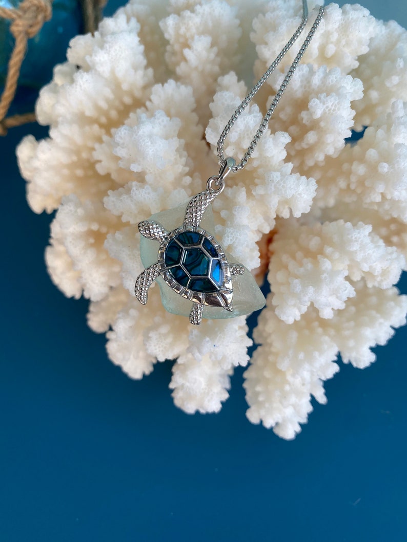 Coastal SEA TURTLE and tumbled Sea Glass SeaFoam Aqua 18\u201d Abalone Necklace