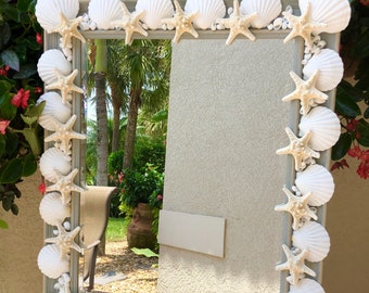 Beautiful  Simple Classic White Shell Mirror with Starfish on a Soft  Drybrushed Antiique Blue Frame Beveled Mirror