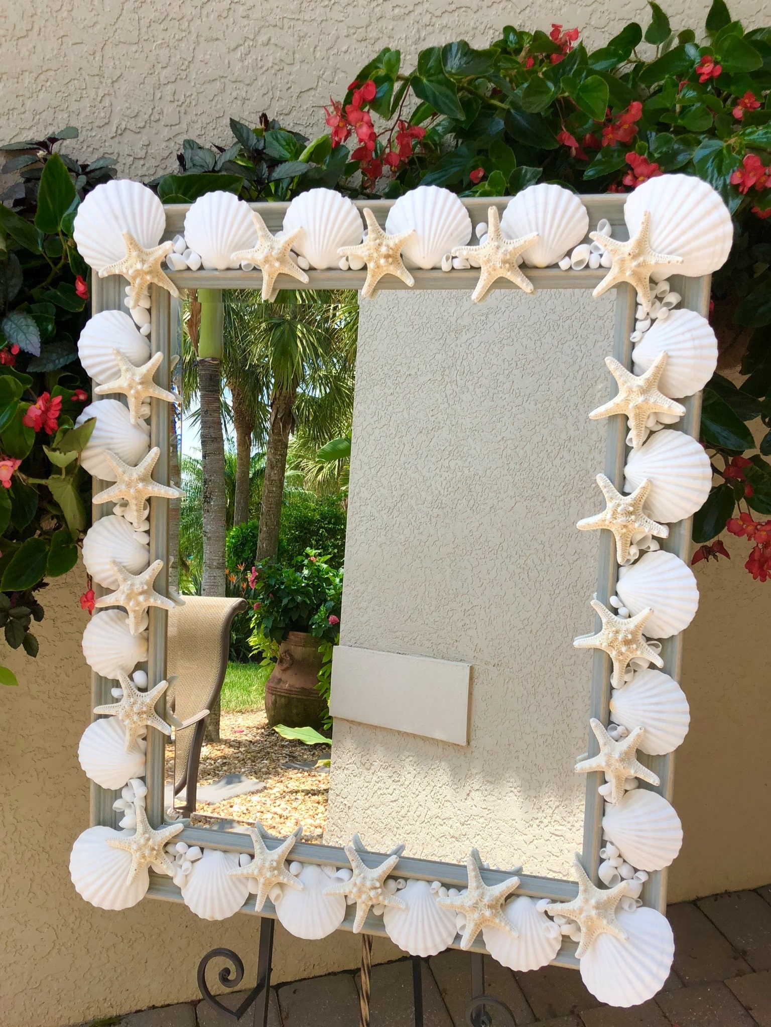 Beautiful Simple Classic White Shell Mirror With Starfish on a Soft  Drybrushed Antiique Blue Frame Beveled Mirror 