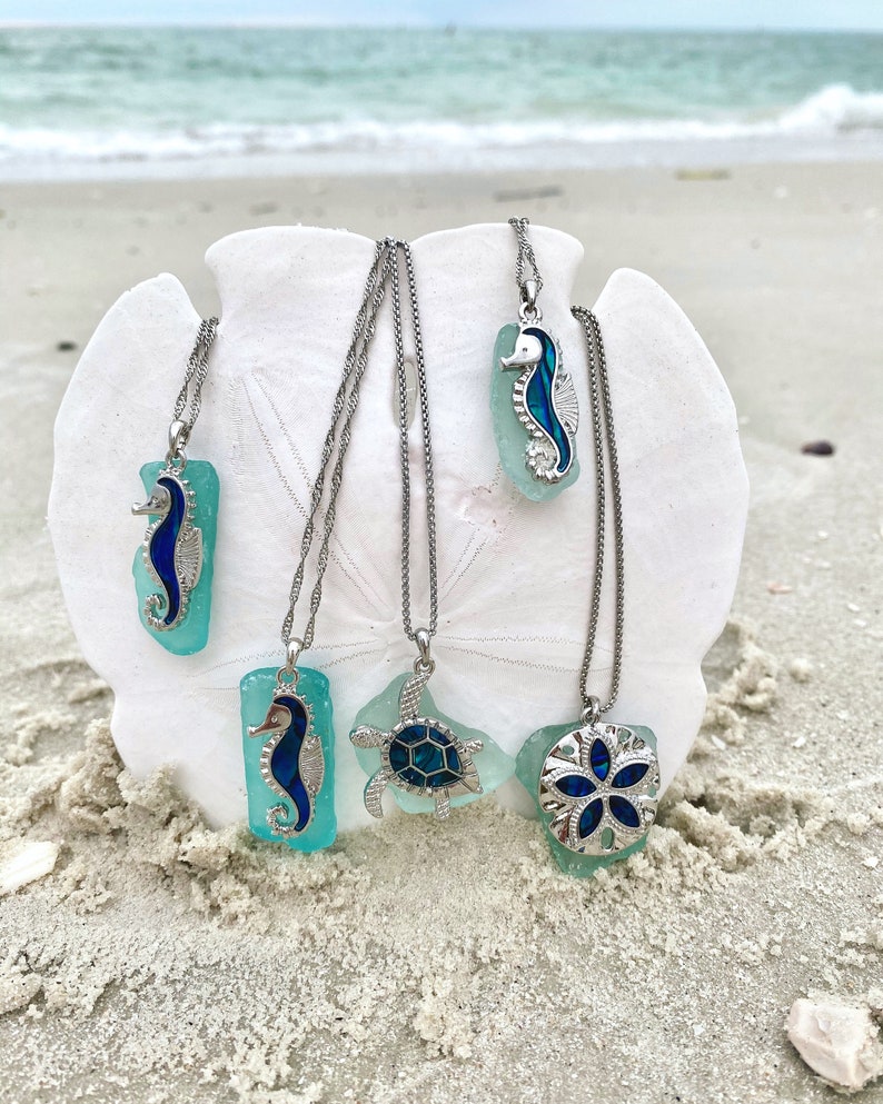 Coastal SEA TURTLE and tumbled Sea Glass SeaFoam Aqua 18\u201d Abalone Necklace