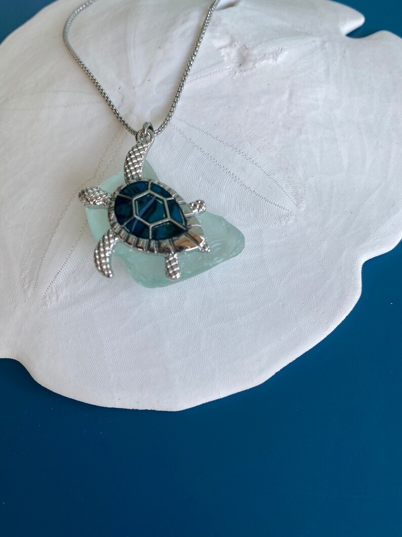Coastal SEA TURTLE and tumbled Sea Glass SeaFoam Aqua 18\u201d Abalone Necklace