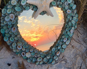 Coastal Turquoise Heart Shape Shell and Starfish  Accent Mirror