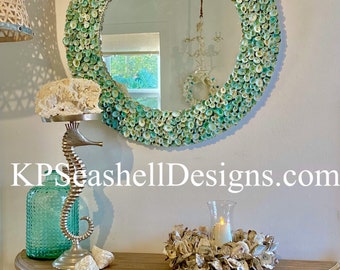 Handmade Artisan Shell Designer One of a Kind Seashell Mirror faeturing Green Limpits Starfish Blue Mussels Barnacle Coral