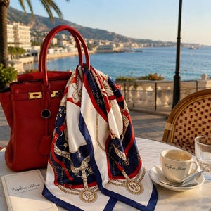 May include: A red leather handbag with a gold-tone clasp and a square silk scarf featuring a navy blue, red, and white chain-link pattern. A white menu and a white ceramic coffee cup with the text Café de Flore are placed on a round table.