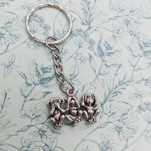 May include: Silver keychain featuring three monkeys, each covering a different part of their face, representing the saying "See no evil, hear no evil, speak no evil".