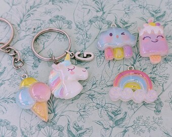 Cute kawaii unicorn keyring, kawaii style gifts, unicorn charm, unicorn lover gifts, ice cream keyring, ice cream charms, rainbow keyring