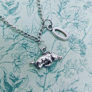 May include: A silver chain necklace with two charms: a small running boar and a silver oval charm. The necklace is on a light green background with a floral pattern.
