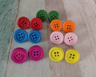 Button earrings, fun earrings, quirky earrings, rainbow colours, rainbow earrings, stud earrings, button jewellery, novelty earrings,