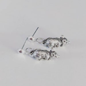 May include: A pair of silver earrings featuring a small, detailed animal charm. Each earring has a silver post and a small silver ball at the top.