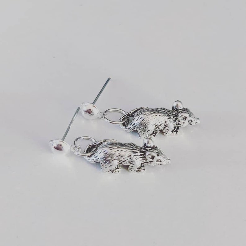 May include: A pair of silver earrings featuring a small, detailed animal charm. Each earring has a silver post and a small silver ball at the top.