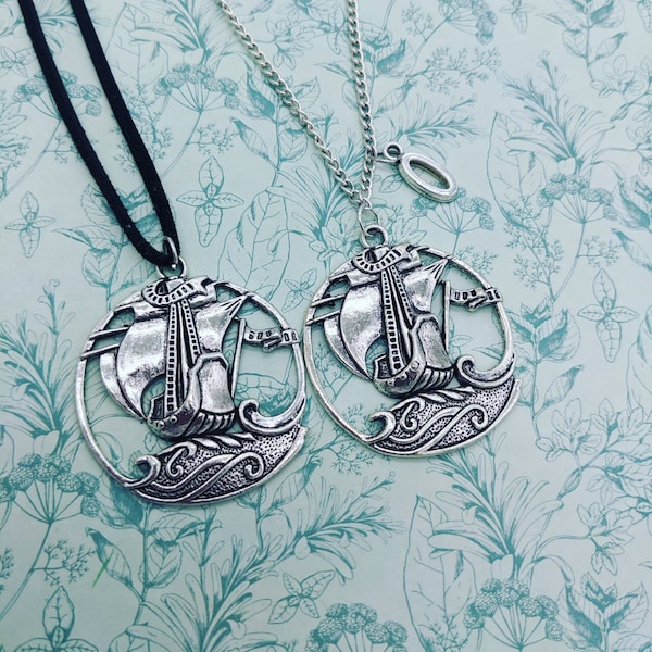 Pirate ship necklace, boat necklace, boat gifts, statement necklace, sister gifts, geek gifts, bff gifts, initial necklace, gothic necklace