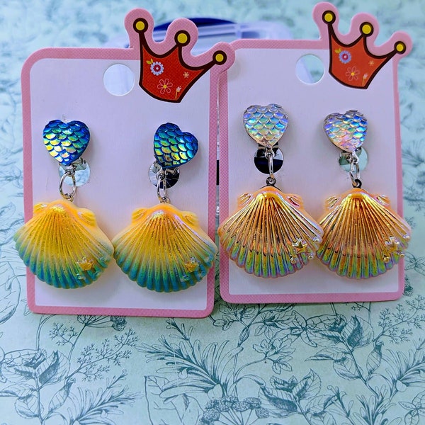 Clip coquillage sur boucles d'oreilles, bijoux de plage, boucles d'oreilles pour enfants, bijoux pour enfants, cadeaux inspirés de la plage, boucles d'oreilles nautiques, boucles d'oreilles d'été