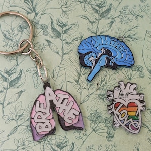 Può includere: Un portachiavi con ciondoli anatomici, tra cui un cervello, polmoni con la parola "BREATHE" e un cuore con un design "LOVE" arcobaleno. I ciondoli sono in tonalità blu, rosa e bianco, con un portachiavi dorato.