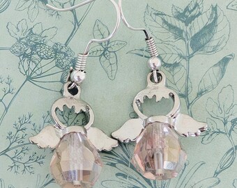 Pink angel style earrings, pink angel jewellery, angel lover gifts, angel themed, Christmas angel gifts, Christmas earrings, angel charms,