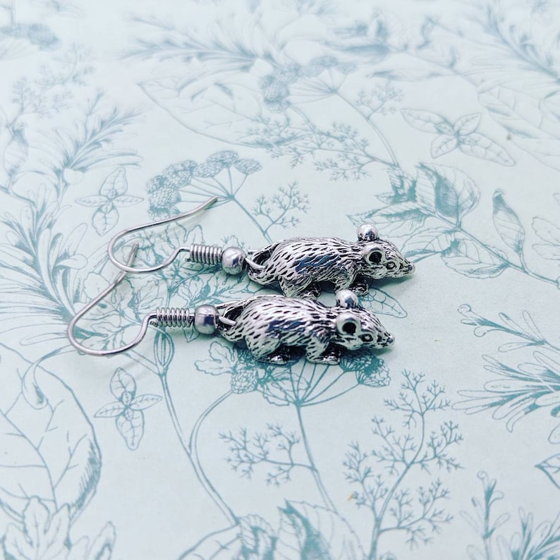 May include: A pair of silver rat earrings with a detailed design. The earrings are on a white background with a floral pattern.