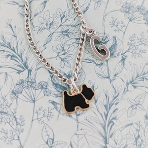 Puede incluir: Un collar de cadena de plata con dos dijes: una silueta negra de un perro y una letra G plateada.