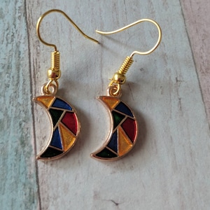Mosaic Moon Earrings: Gold Hooks, Pagan Jewelry