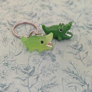 May include: Two green alligator keychains. One keychain is attached to a silver ring. The alligators have open mouths with white teeth. The keychains are on a light blue background with a floral pattern.