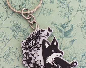 Llavero de zorro blanco y negro, llavero para amantes de los zorros, regalos para amantes de los zorros, regalos estilo kawaii, dije de zorro, temática de zorro, temática de animales del bosque,
