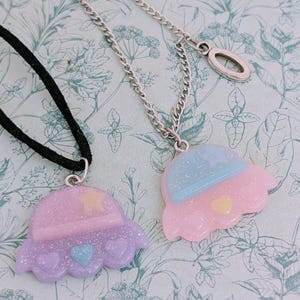 Glittery pastel UFO spaceship necklace, space alien jewellery, UFO believer gifts, alien lover gifts, space lover gifts, space themed gifts