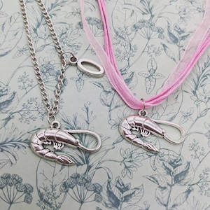 Peut inclure: Deux colliers en argent avec des breloques en forme de crevettes. L'un a un ruban rose et l'autre une chaîne en argent.