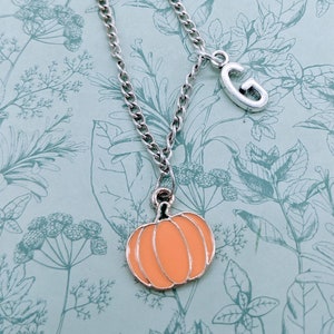 May include: A silver chain necklace with a small orange pumpkin charm and a silver charm with the letter "G" hanging from it.