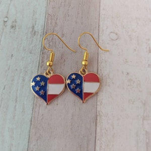 Heart earrings, American flag earrings, USA earrings, flag earrings, novelty earrings, holiday gifts, holiday earrings, travel earrings