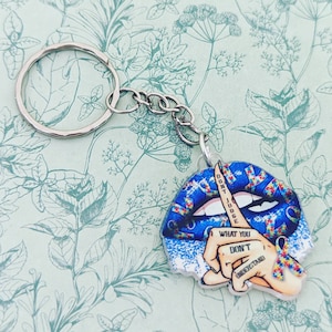 Può includere: Un portachiavi blu e giallo con un paio di labbra e un dito sopra. Le labbra sono ricoperte da un motivo di pezzi di puzzle blu e gialli. Il dito punta verso l'alto e ha il testo "Non giudicare ciò che non capisci" scritto su di esso.