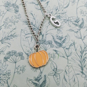 May include: A silver chain necklace with a small orange pumpkin charm and a silver letter G charm. The necklace is on a white background with a floral pattern.