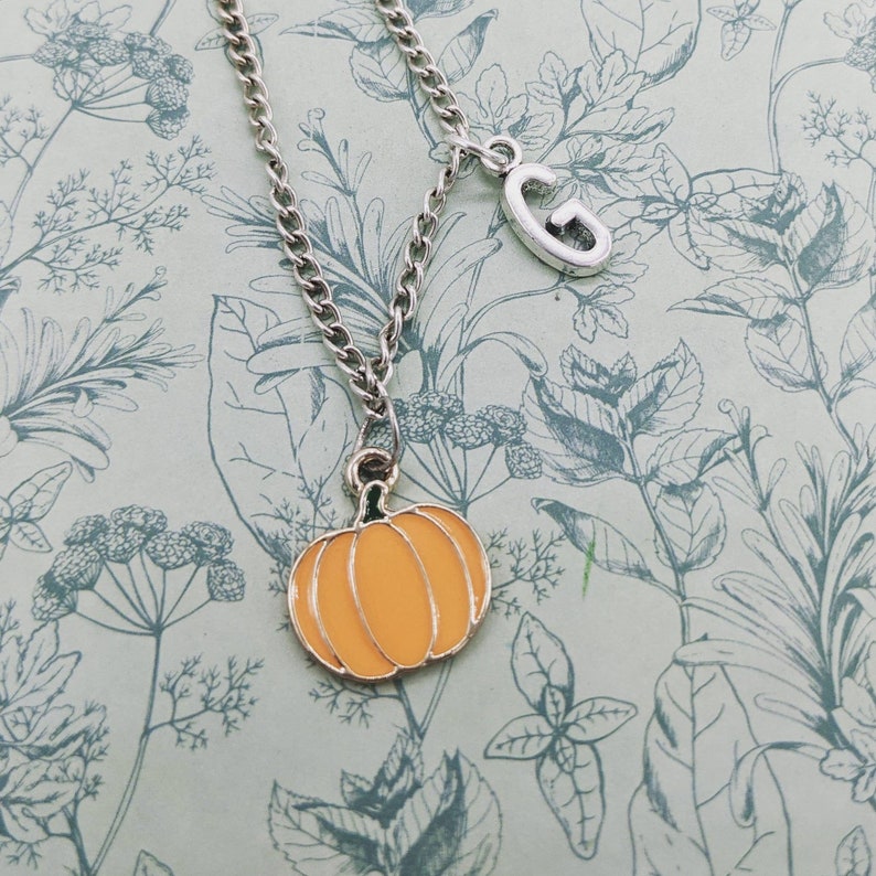 May include: A silver chain necklace with a small orange pumpkin charm and a silver letter G charm. The necklace is on a white background with a floral pattern.