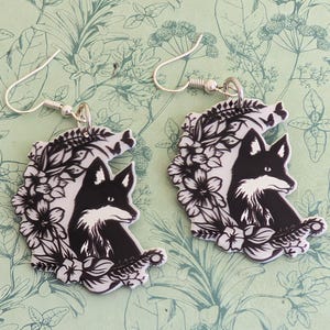 Black and white fox earrings, fox lover jewellery, fox themed gifts, fox charm, woodland animal themed, gardening lover gifts,