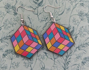 Rubiks kubörhängen, iögonfallande örhängen, spelpresenter, presenter till en spelare, nördinspirerade presenter, spelälskare, retroörhängen, retrosmycken