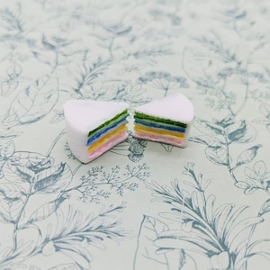 Può includere: Due fette di torta arcobaleno, ciascuna con cinque strati di glassa rosa, gialla, blu, verde e bianca. La torta è su uno sfondo bianco con un motivo floreale.