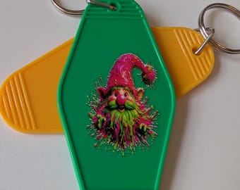 Gonk gnome keyring, colourful gonk gnome keychain, gonk inspired gifts, gnome lover gifts, gnome themed, motel keychain, novelty fun keyring