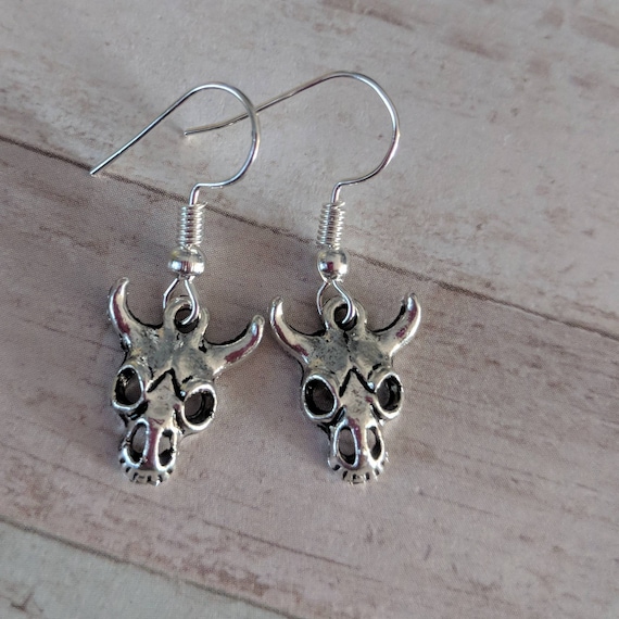 Skull earrings, skull jewelry, cow skull earrings, Halloween gifts, Halloween earrings, tribal earrings, tribal gifts, gothic earrings,