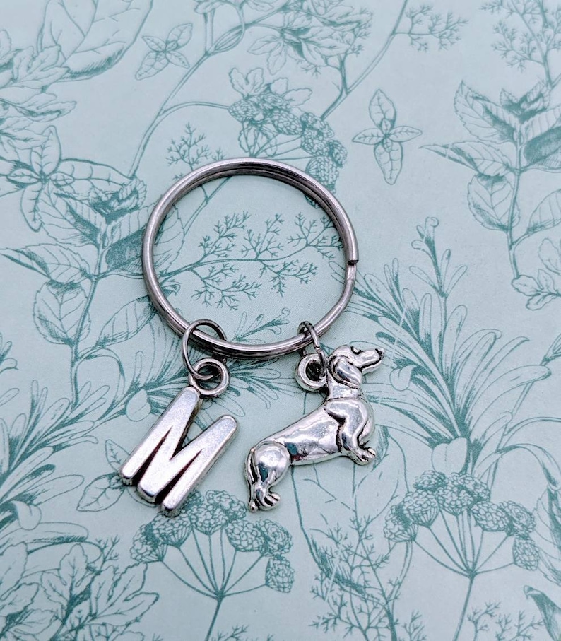 K&ouml;nnte beinhalten: Silberner Schl&uuml;sselanh&auml;nger mit einem silbernen Dackel-Anh&auml;nger und einem silbernen Buchstaben M-Anh&auml;nger. Der Schl&uuml;sselanh&auml;nger befindet sich auf einem hellblauen Hintergrund mit einem Blumenmuster.
