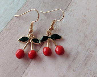 Cherry earrings, cherry jewellery, cherry retro earrings, fruit lover gifts, foodie earrings, vegan earrings, vegan gifts, retro jewelry