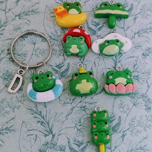 Puede incluir: Colección de colgantes de rana verde con varios diseños, incluyendo una rana en un flotador de pato amarillo, sobre una seta y en un helado. Algunos colgantes tienen un lazo plateado para sujetar a un llavero.